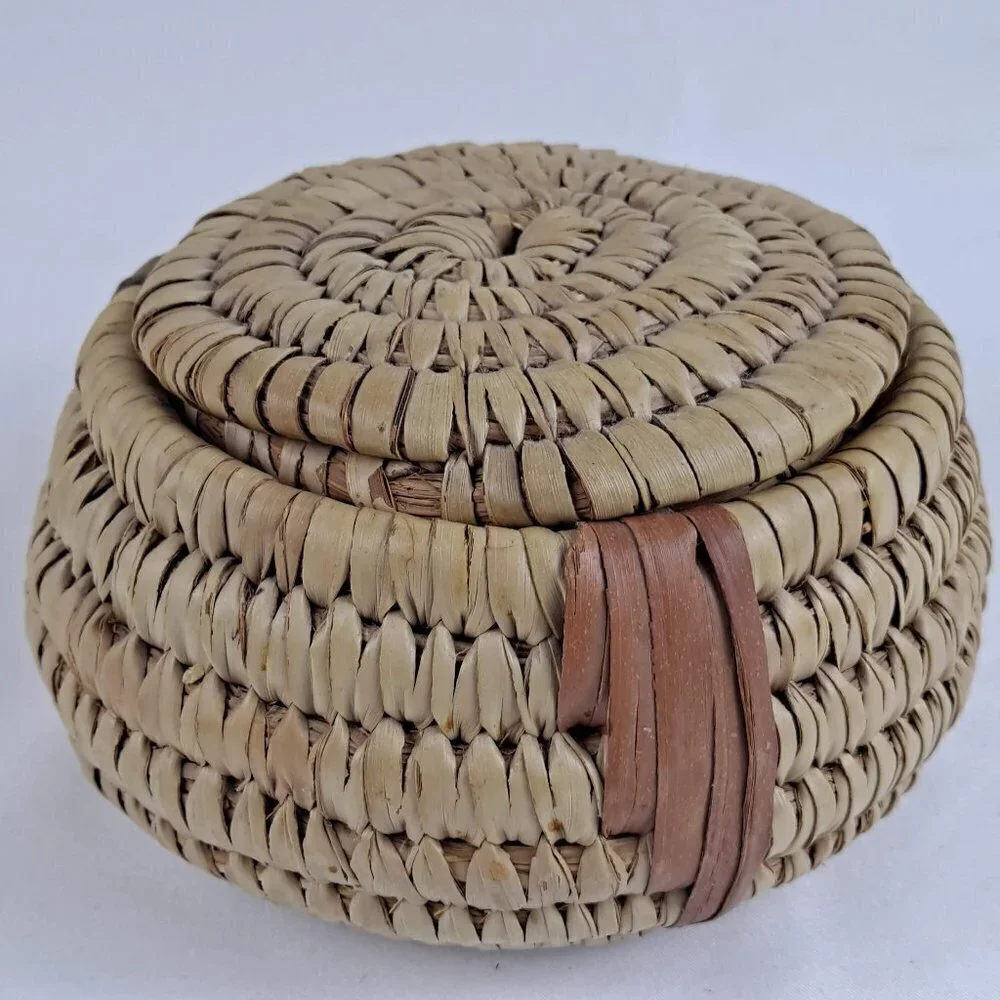 Handmade Woven Basket with Lid Tan and Brown Trinkets Jewelry Holder Etc